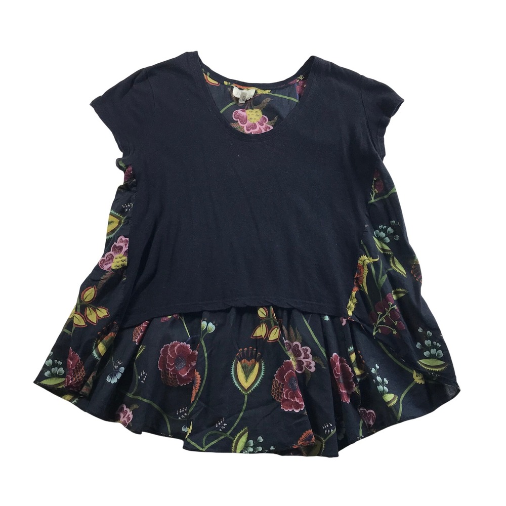 Deletta Anthropologie Navy Floral Mixed Media Peplum Top Small Short Sleeve